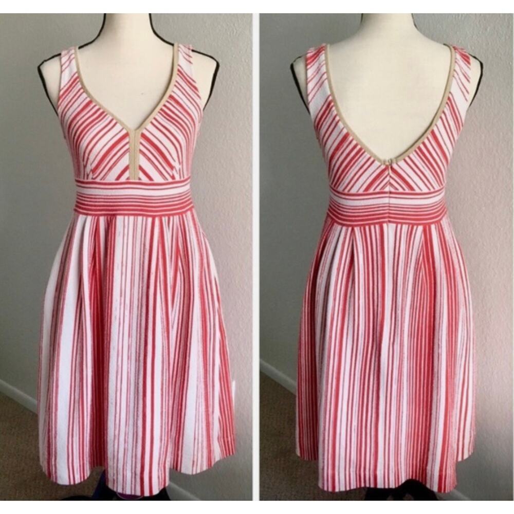Anthropologie V-neck Dress Red and White Striped, Size 6